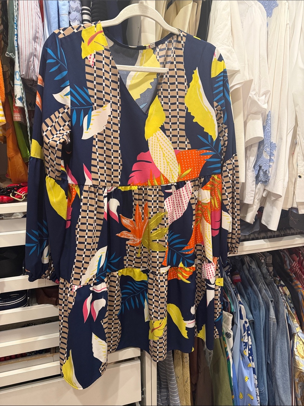 Women’s Navy Floral Tiered V-Neck Dress